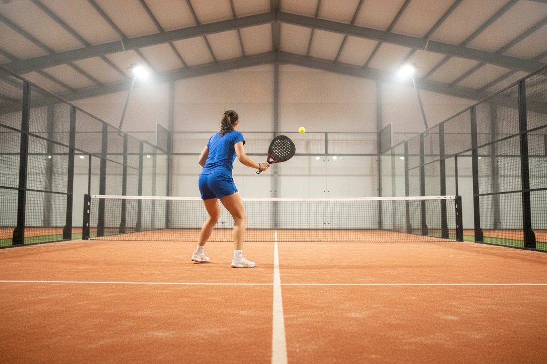 Joueuse de padel frappant un coup droit sur un court indoor à sol terre battue