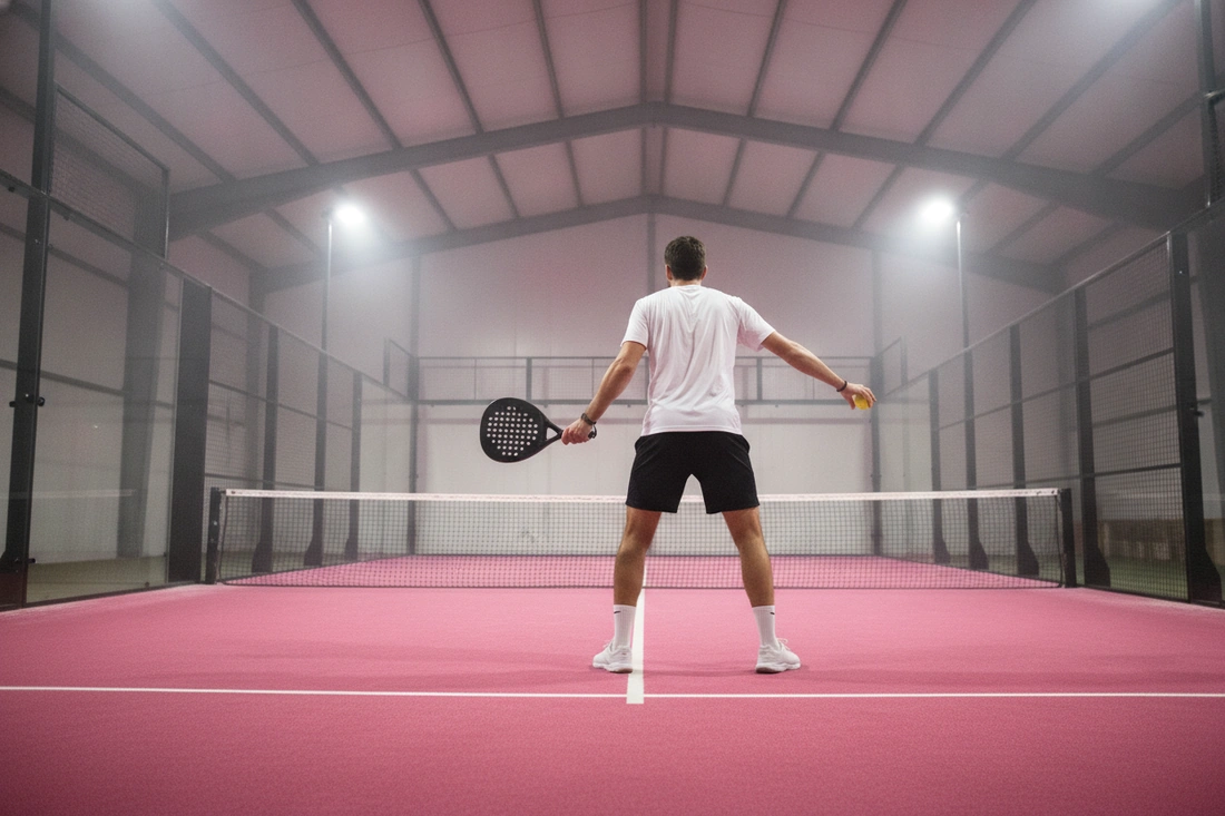 Joueur de padel vu de dos préparant un service à la cuillère sur un court à sol rose