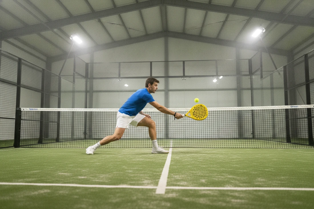 Joueur de padel en fente basse pour une volée près du filet sur un sol vert