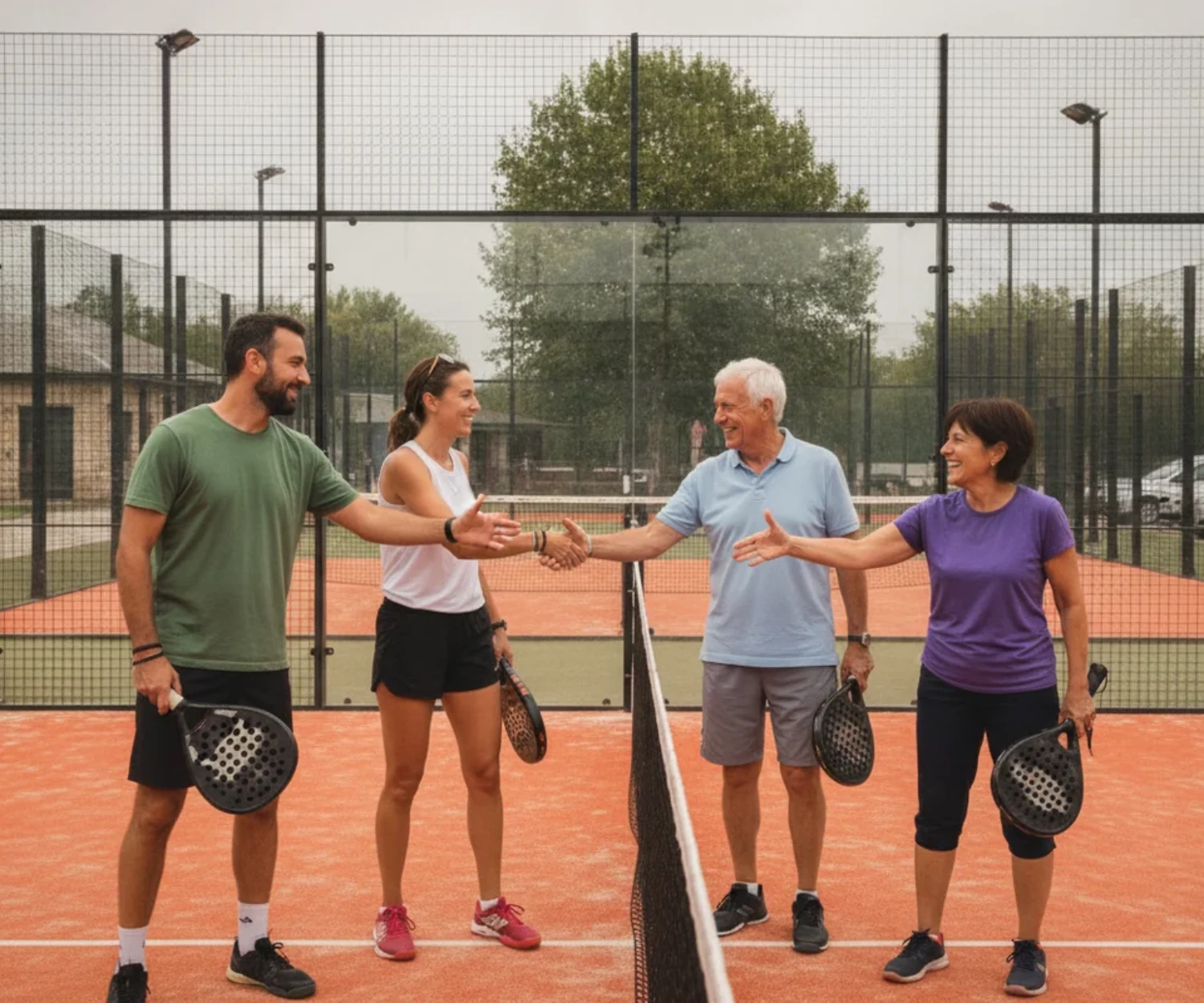 Quatre joueurs se serrent la main au filet après un match de padel sur un court extérieur à Caen