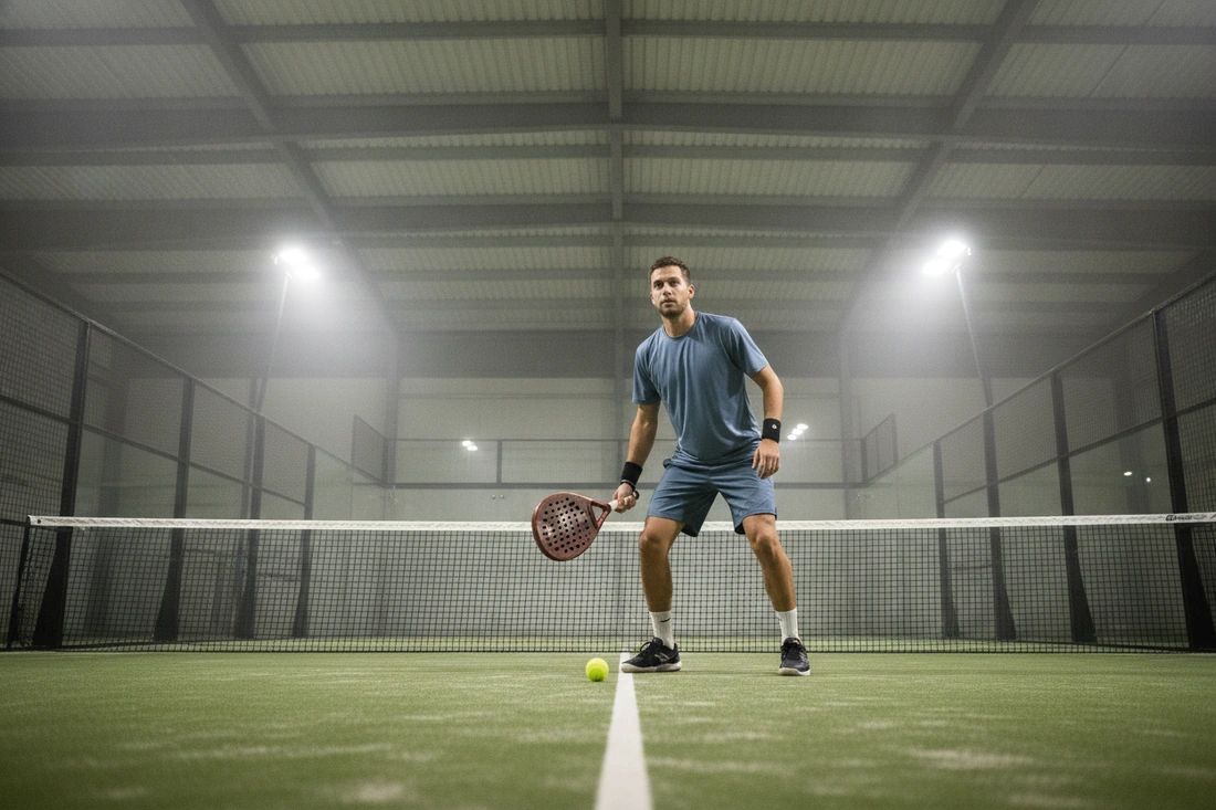Joueur de padel en position d attente devant le filet sur une piste couverte au sol vert