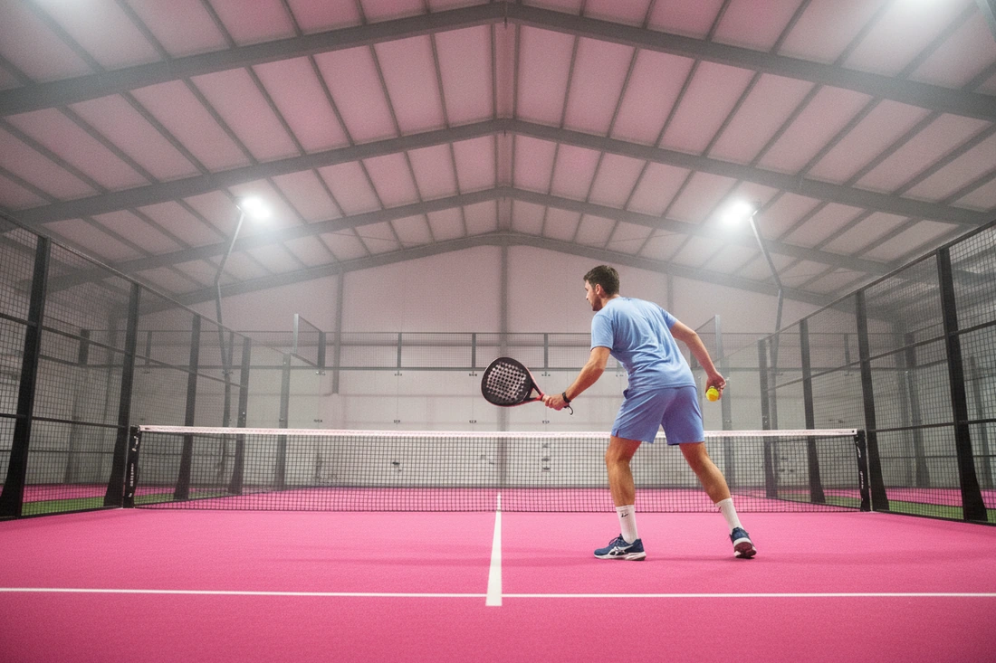 Joueur de padel au service vu de trois quarts dos sur une piste couverte au sol rose