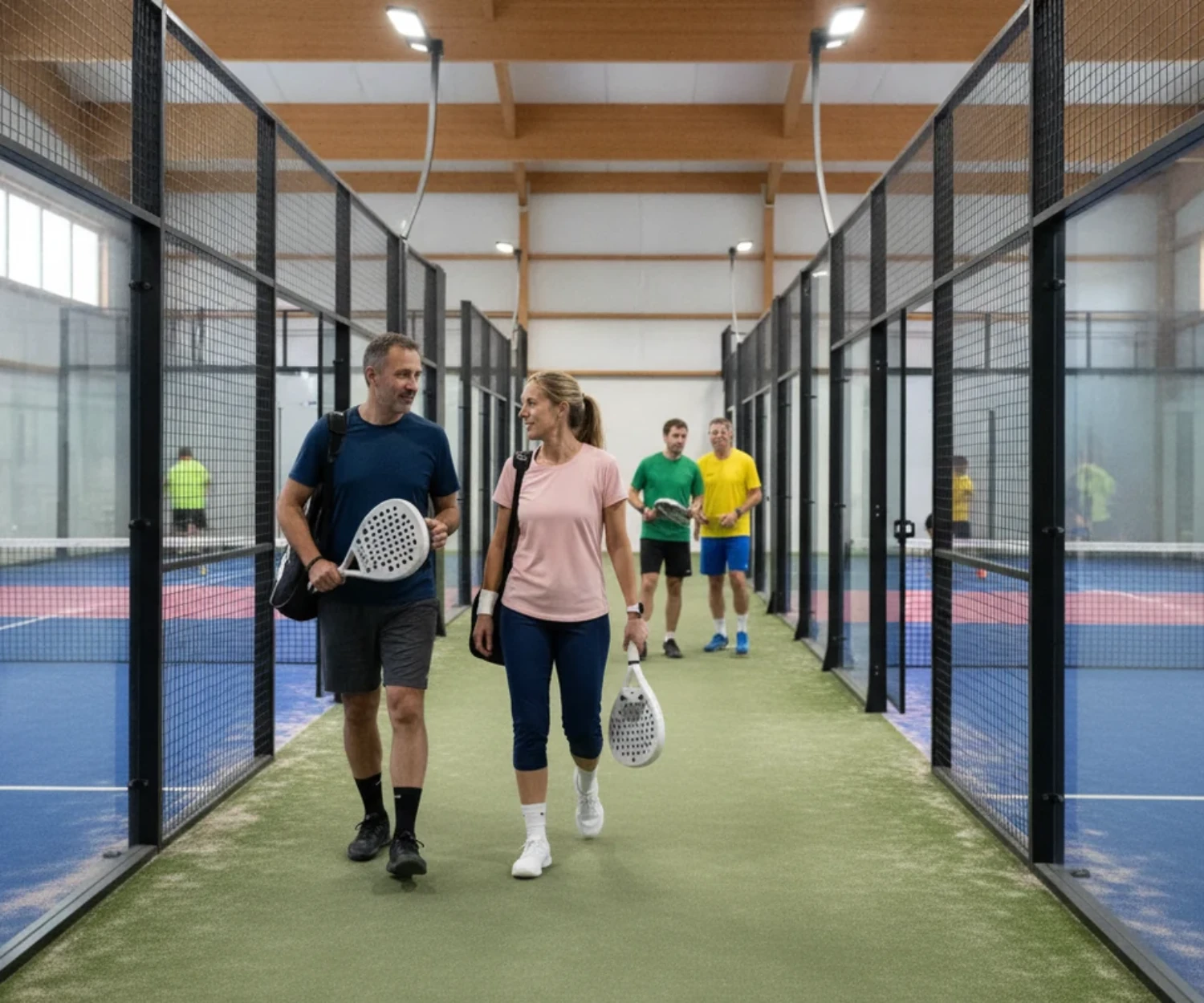 Couloir central d'un club de padel à Évreux entre deux rangées de courts, joueurs qui sortent de leur match