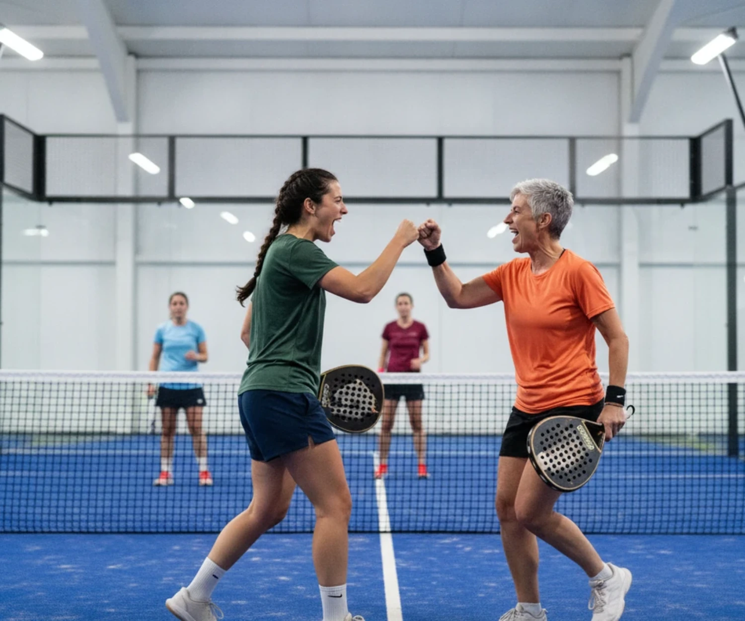 Deux joueuses de padel célèbrent un point gagné pendant un match de double féminin