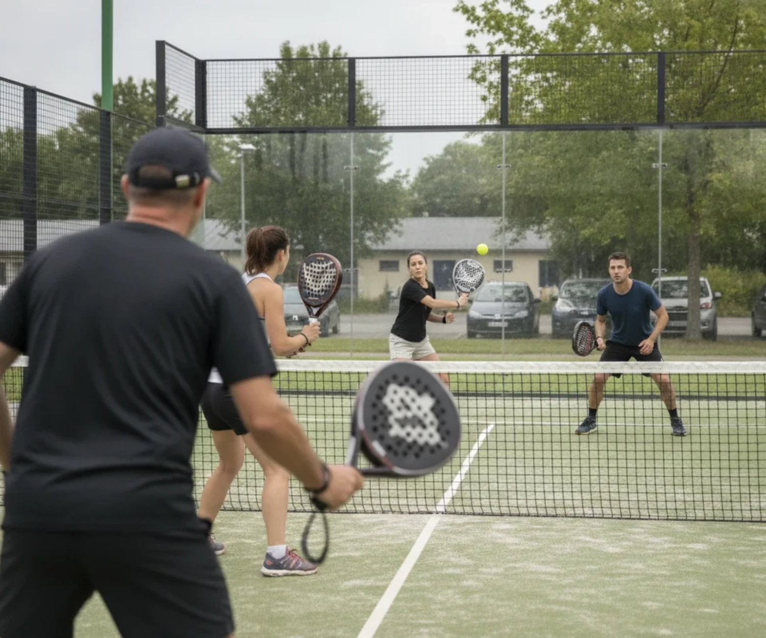 Volée au filet pendant un match de double sur un court de padel extérieur au Mans