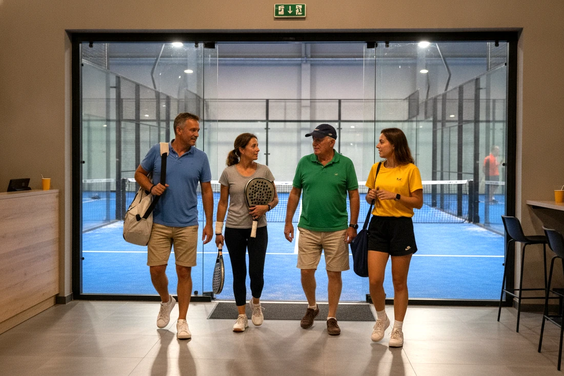Quatre joueurs entrent dans un club de padel à Orléans avec leurs sacs et leurs raquettes