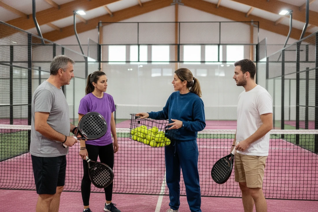 Une coach de padel montre la prise de raquette à trois débutants adultes lors d'une première séance à Orléans