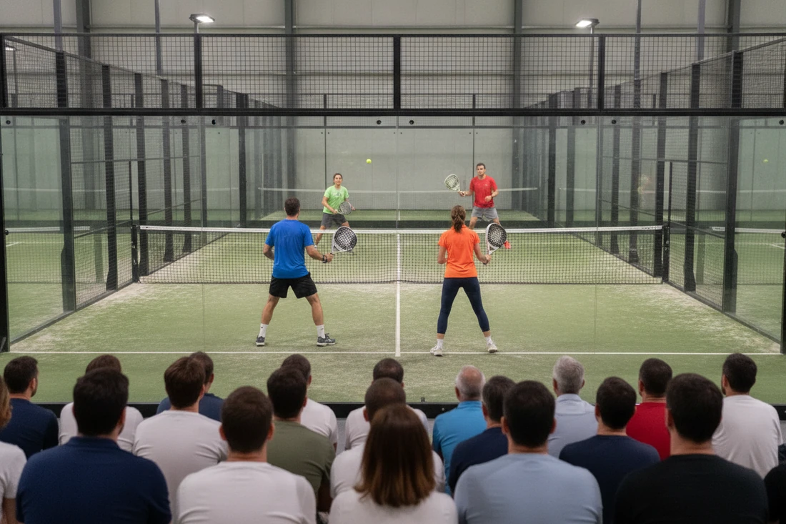 Match de double sur le court central d'un club de padel à Orléans devant une petite tribune de spectateurs