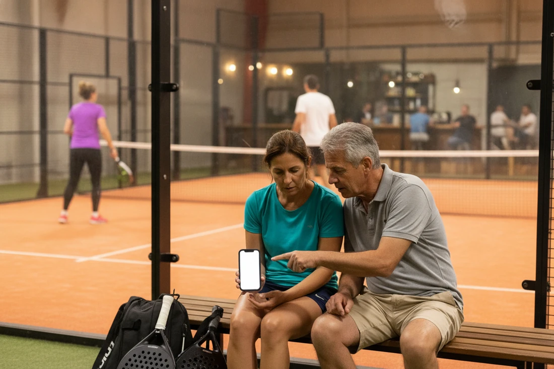 Deux joueurs de padel sur le banc comparent une formule d'abonnement sur un téléphone entre deux parties