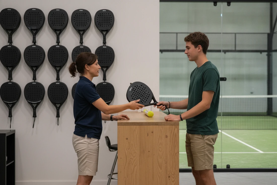 Une employée de club de padel tend une raquette de location à un jeune joueur devant le râtelier de raquettes