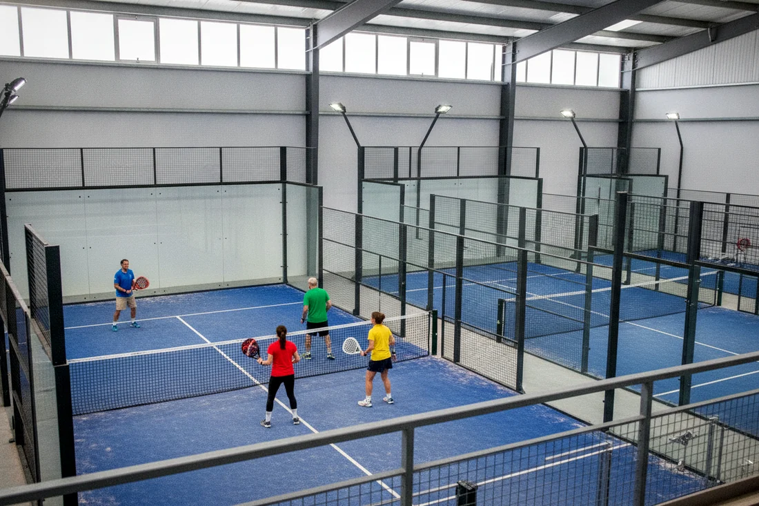 Un seul court de padel occupé en heure creuse dans un club couvert, les autres courts vides