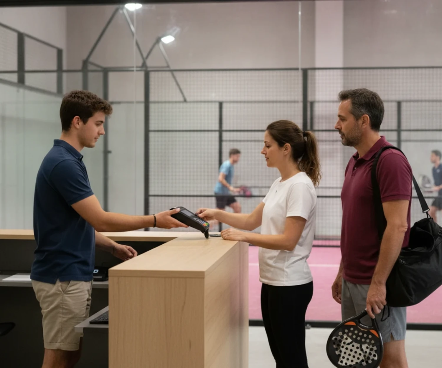 Une joueuse paie sa partie de padel au comptoir du club, son partenaire attend avec les raquettes