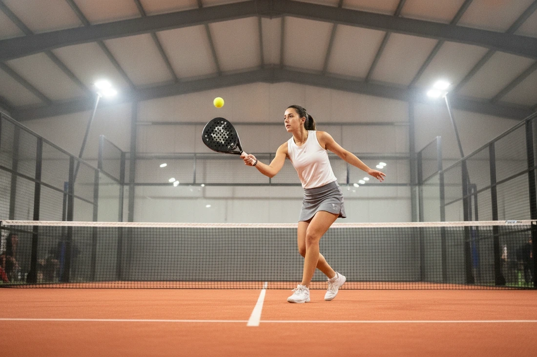 Joueuse frappant une bandeja à hauteur de tête sur un court de padel indoor à sol orange