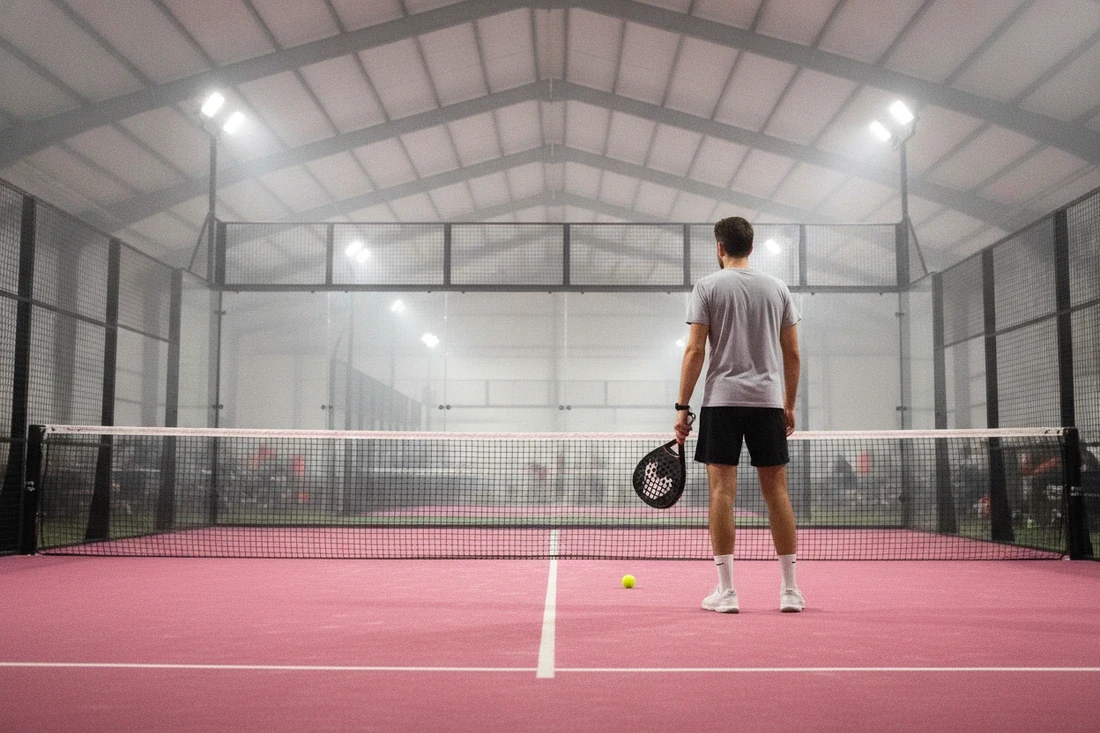 Joueur de dos, raquette au côté, devant le filet d'un court de padel indoor à sol rose