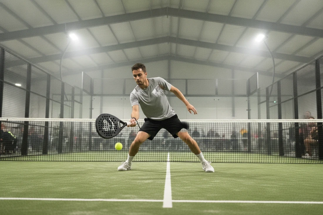 Joueur en fente basse pour une volée sur un court de padel indoor à sol vert