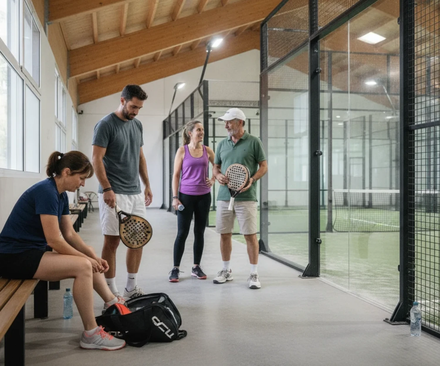 Quatre joueurs se préparent dans le couloir entre les courts d'un club de padel à Saint-Brieuc