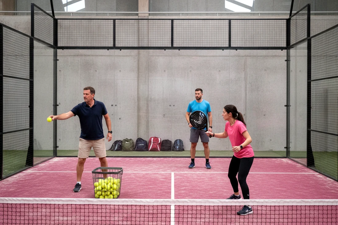 Coach de padel avec un panier de balles qui fait travailler une joueuse pendant qu'un joueur attend son tour