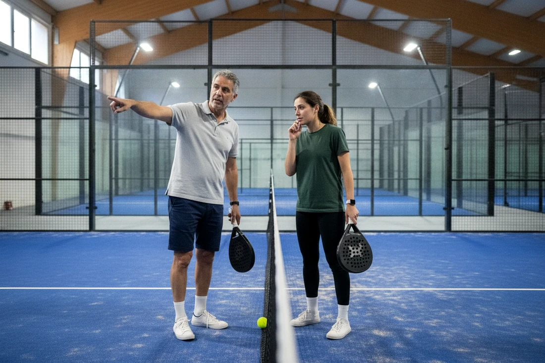 Deux joueurs de padel au filet, l'un montre la diagonale de service avant une partie en simple