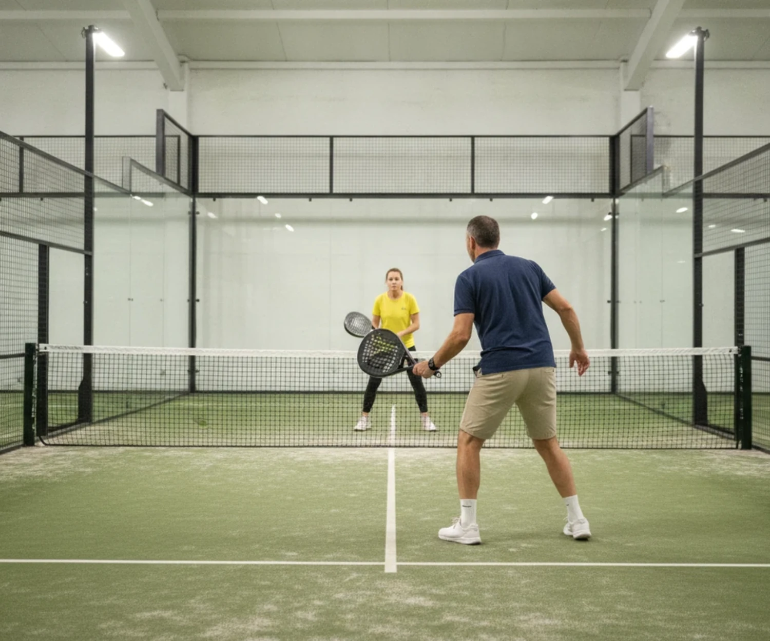 Padel simple en 1 contre 1 : deux joueurs de part et d'autre du filet sur une piste couverte étroite