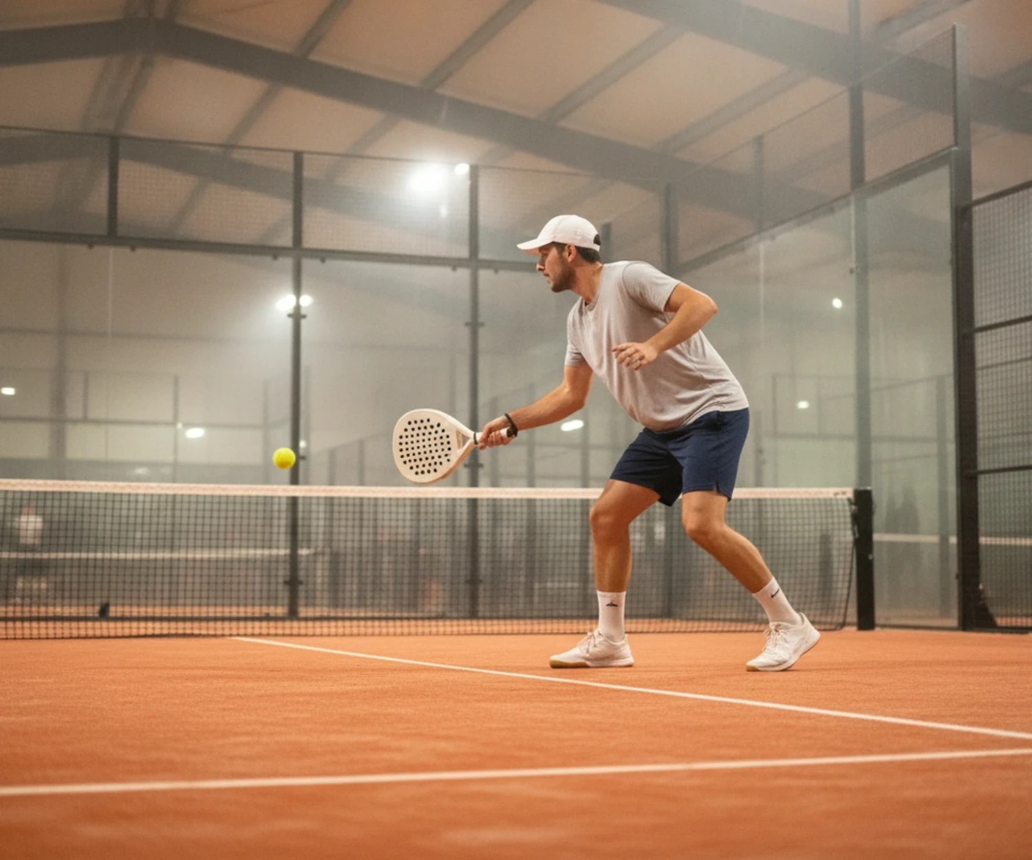Coup droit bas près du filet sur un court de padel indoor en terre battue, à Tours