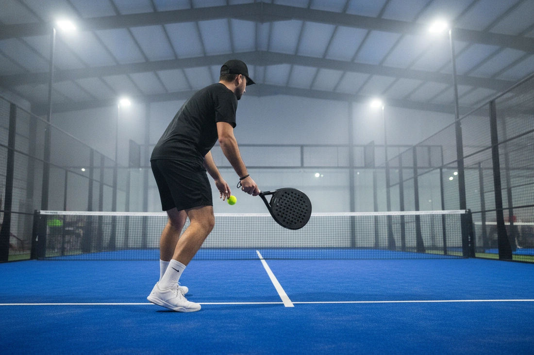 Service à la cuillère vu de trois quarts dos sur un court de padel indoor bleu