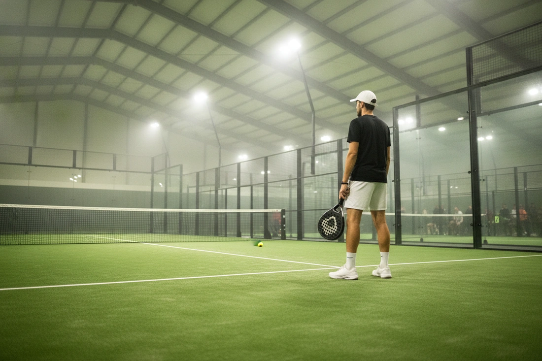Joueur de dos, raquette au côté, devant le filet d'un court de padel indoor vert