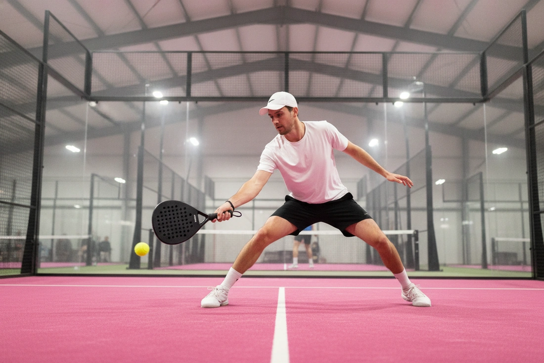 Joueur en extension sur un coup droit, court de padel indoor rose