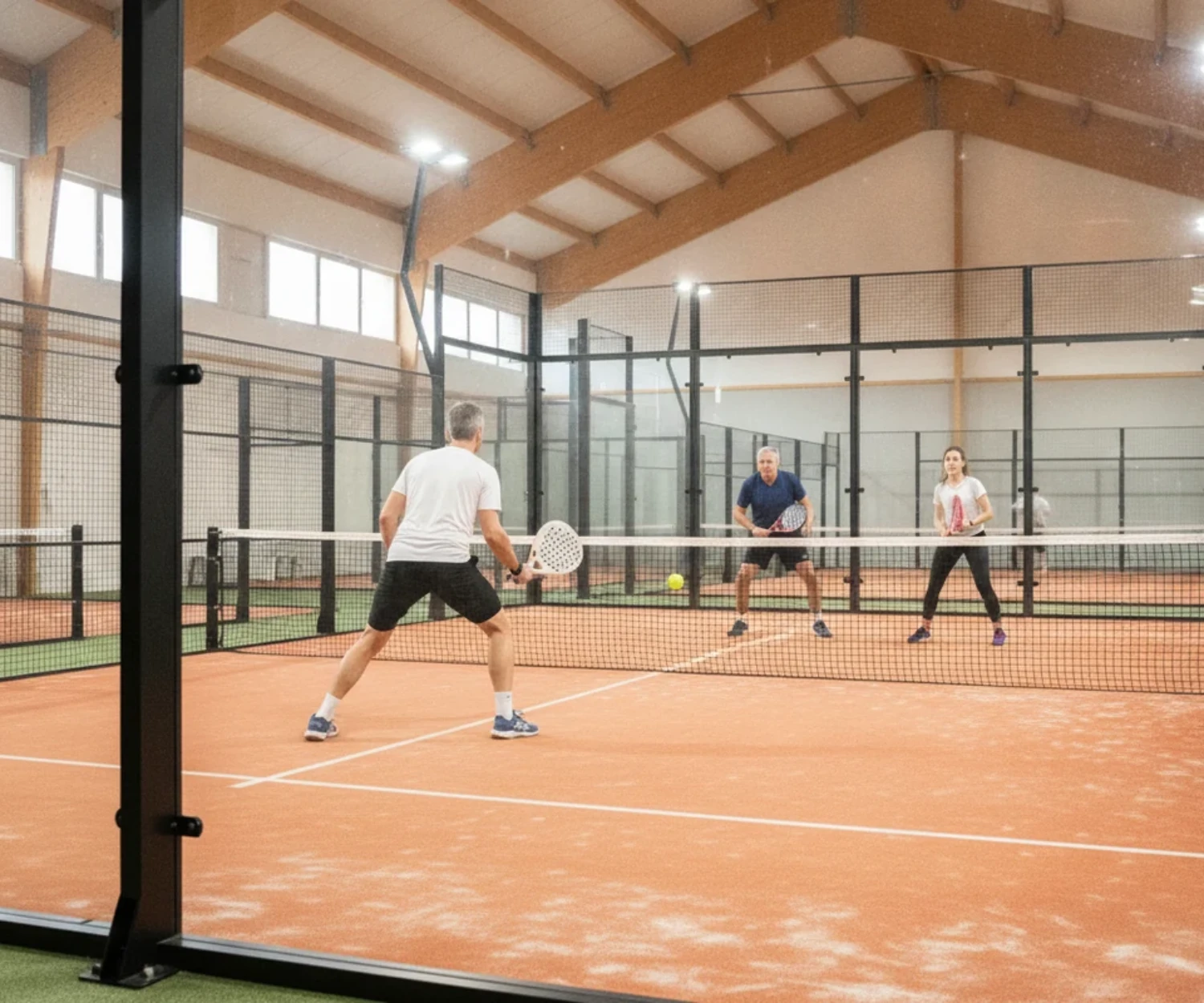 Match de double de padel à Vannes vu à travers le grillage d'un court couvert