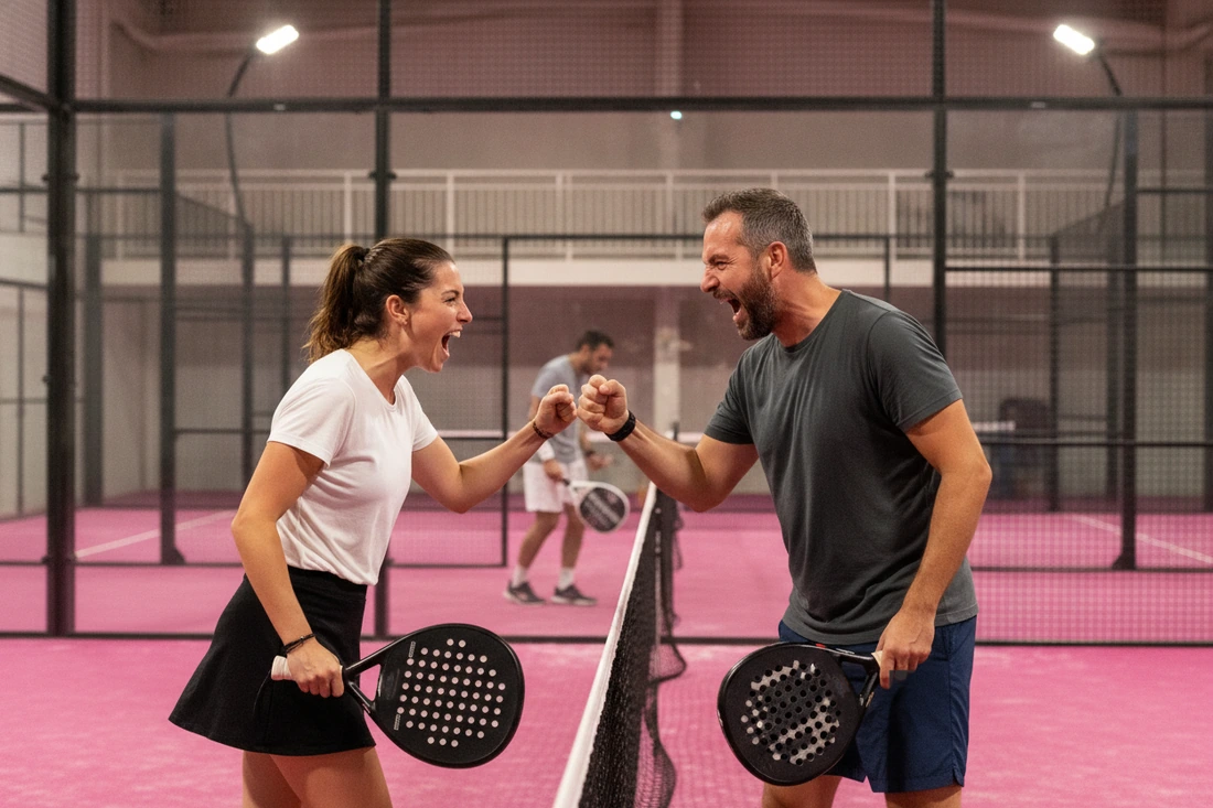 Deux partenaires de padel se tapent le poing après un point gagné, adversaires floues derrière le filet, piste rose