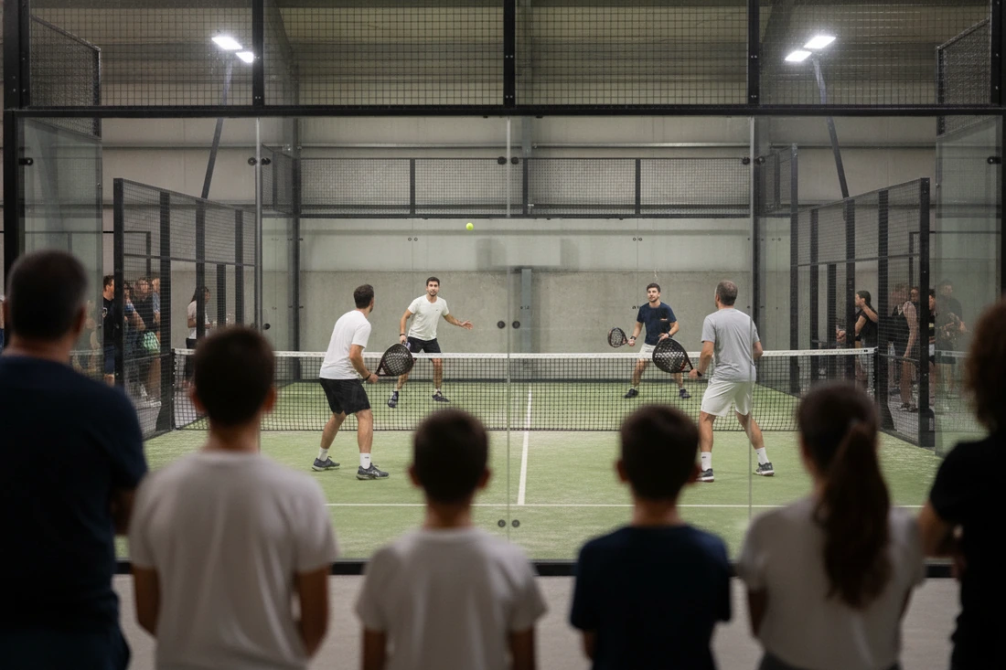 Spectateurs de dos devant la vitre d'un court de padel vert pendant un tournoi de club