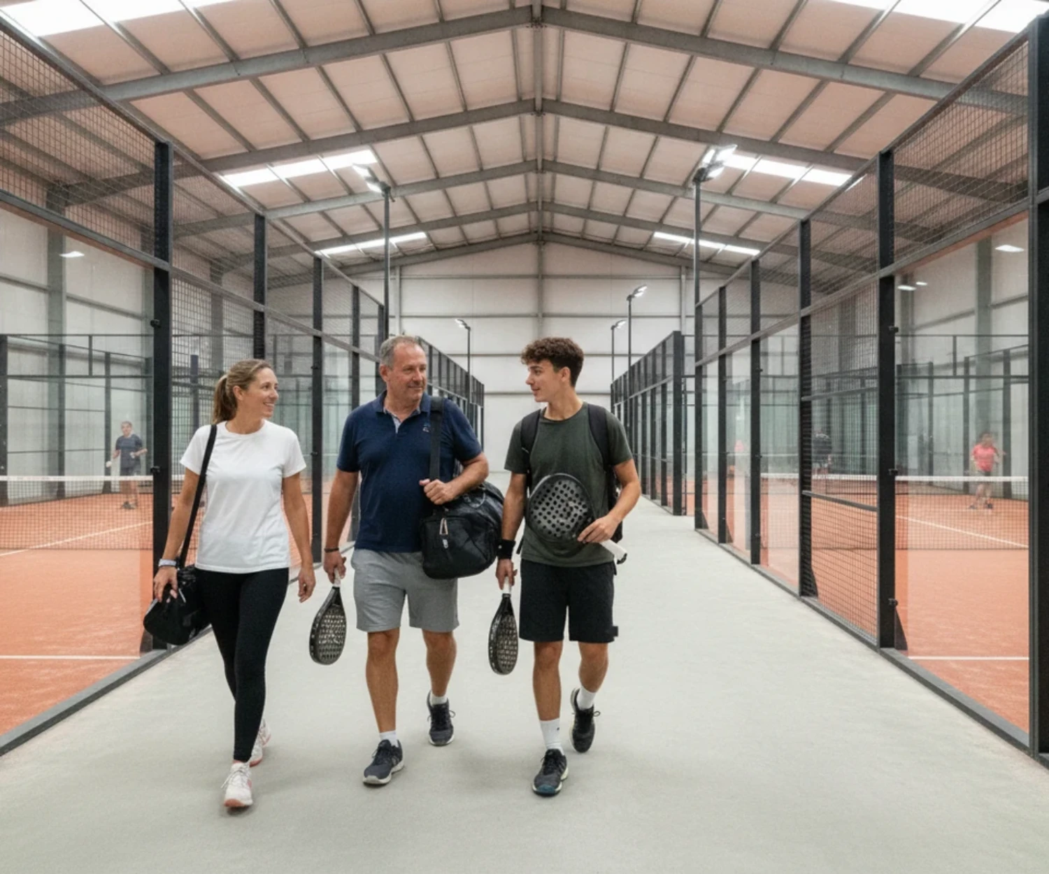 Trois joueurs marchent dans le couloir central d'un grand club de padel couvert, une dizaine de courts orange de chaque côté