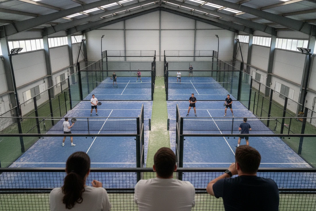 Vue depuis la mezzanine sur deux courts de padel bleus occupés, trois spectateurs de dos au premier plan