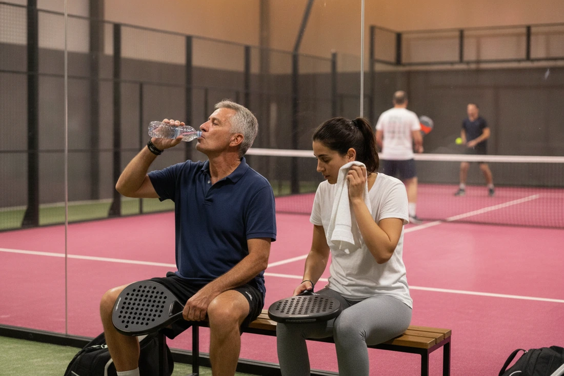 Deux joueurs de padel assis sur le banc, bouteille et serviette, deux raquettes sur les genoux, piste rose