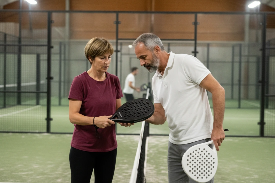 Une joueuse montre sa raquette de padel à son partenaire entre deux points, court vert couvert