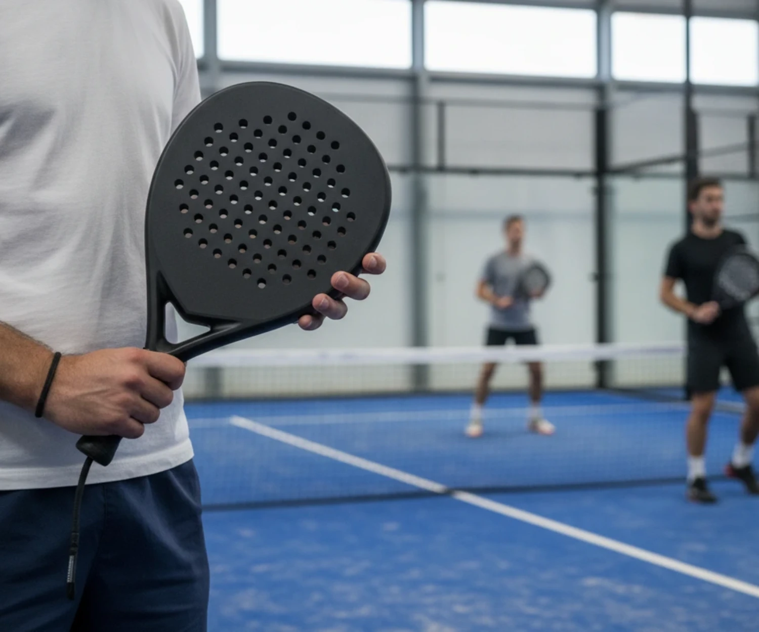 Un joueur inspecte une raquette de padel noire tenue à deux mains, deux joueurs floues sur un court bleu derrière