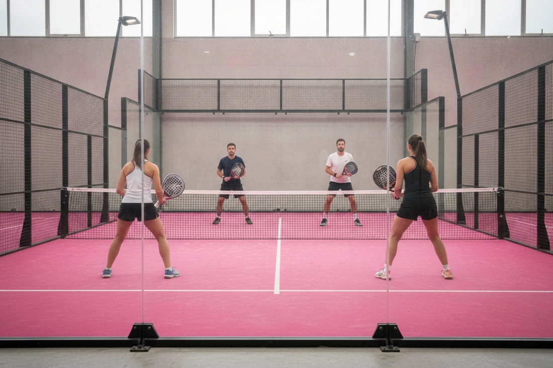Quatre joueurs de padel en position d'attente, raquette en main, vus derrière la vitre du fond sur une piste rose
