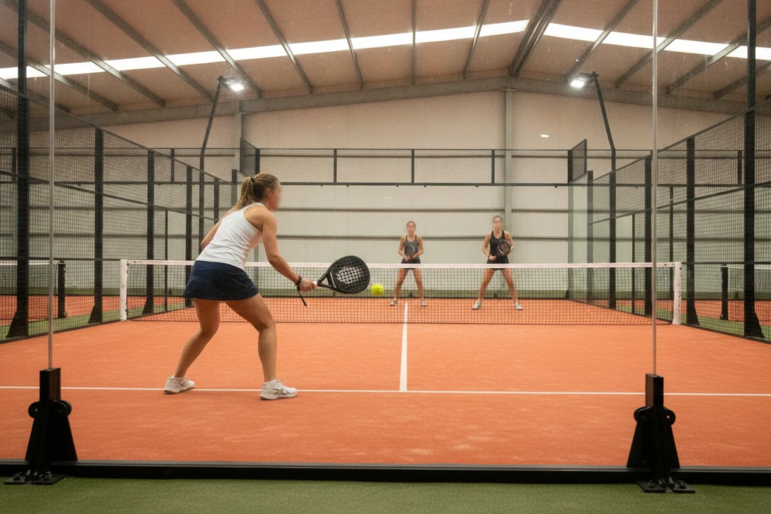 Une joueuse de padel renvoie la balle vers le filet après son rebond sur la vitre du fond, adversaires prêtes, piste orange