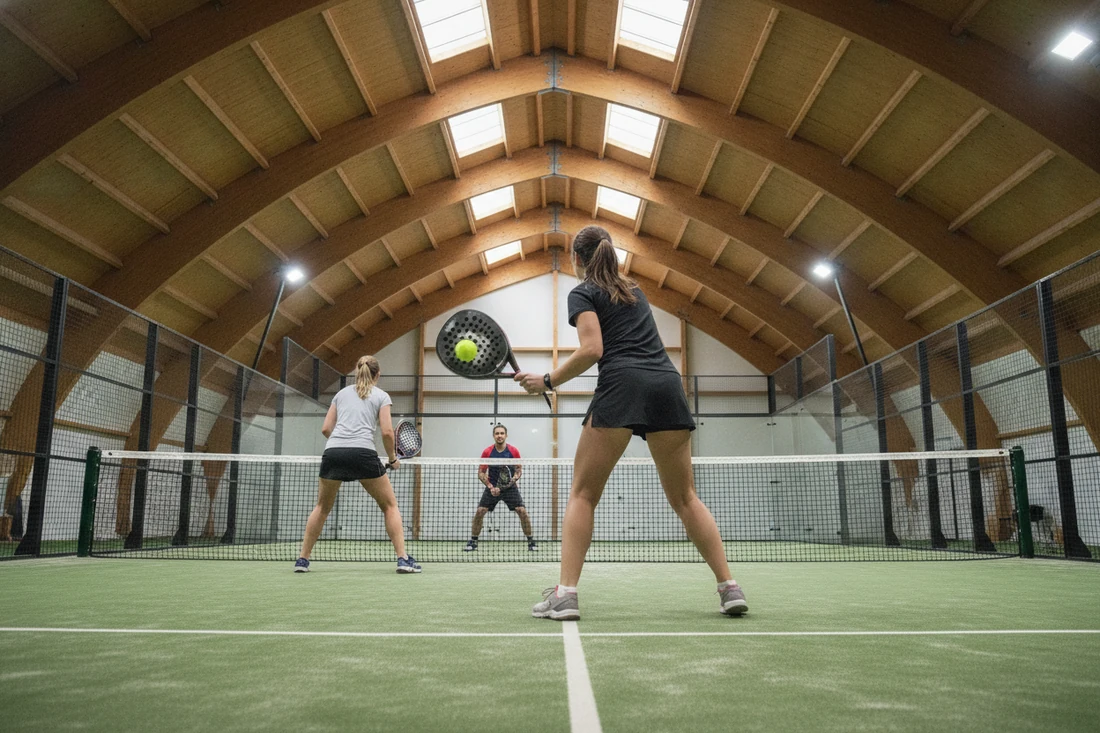Une joueuse de padel frappe une volée face au filet, sa partenaire au filet, court vert sous charpente en bois