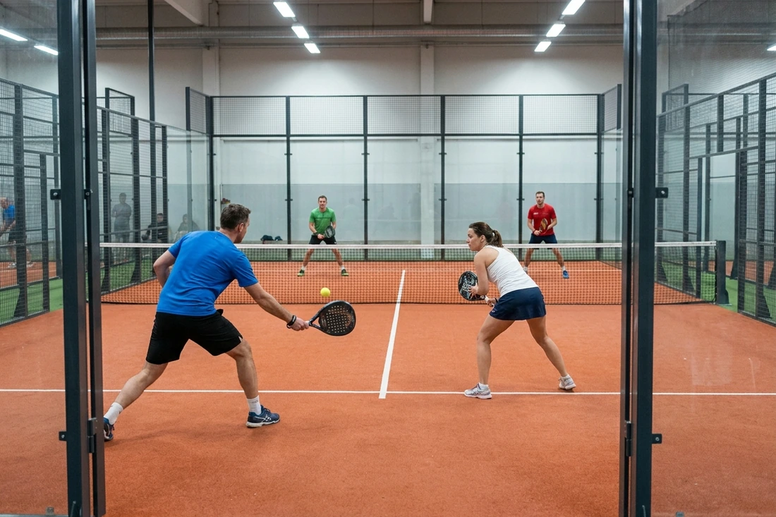 Joueur de padel frappant un coup droit pendant une partie en double sur un court en terre battue