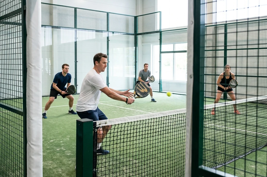 Volée au filet pendant une partie de padel en double sur un court indoor vert, raquette pleine perforée