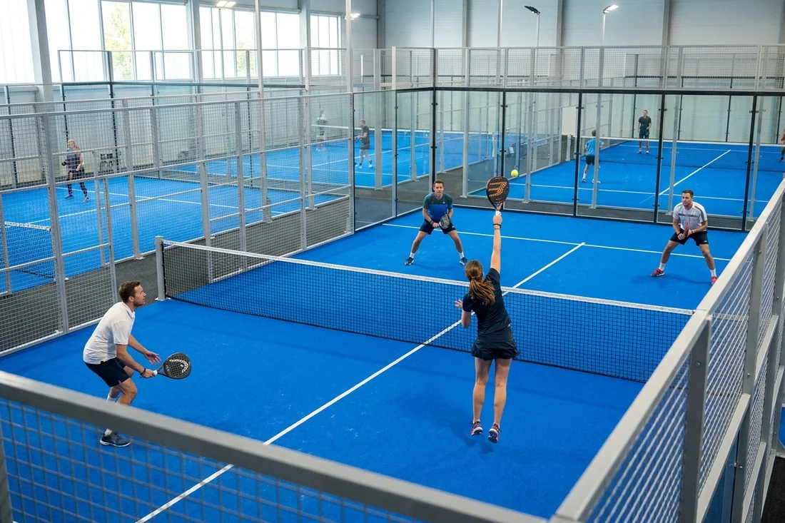 Joueuse de padel frappant une bandeja en double, vue du balcon d'un club couvert au sol bleu de l'agglomération angevine