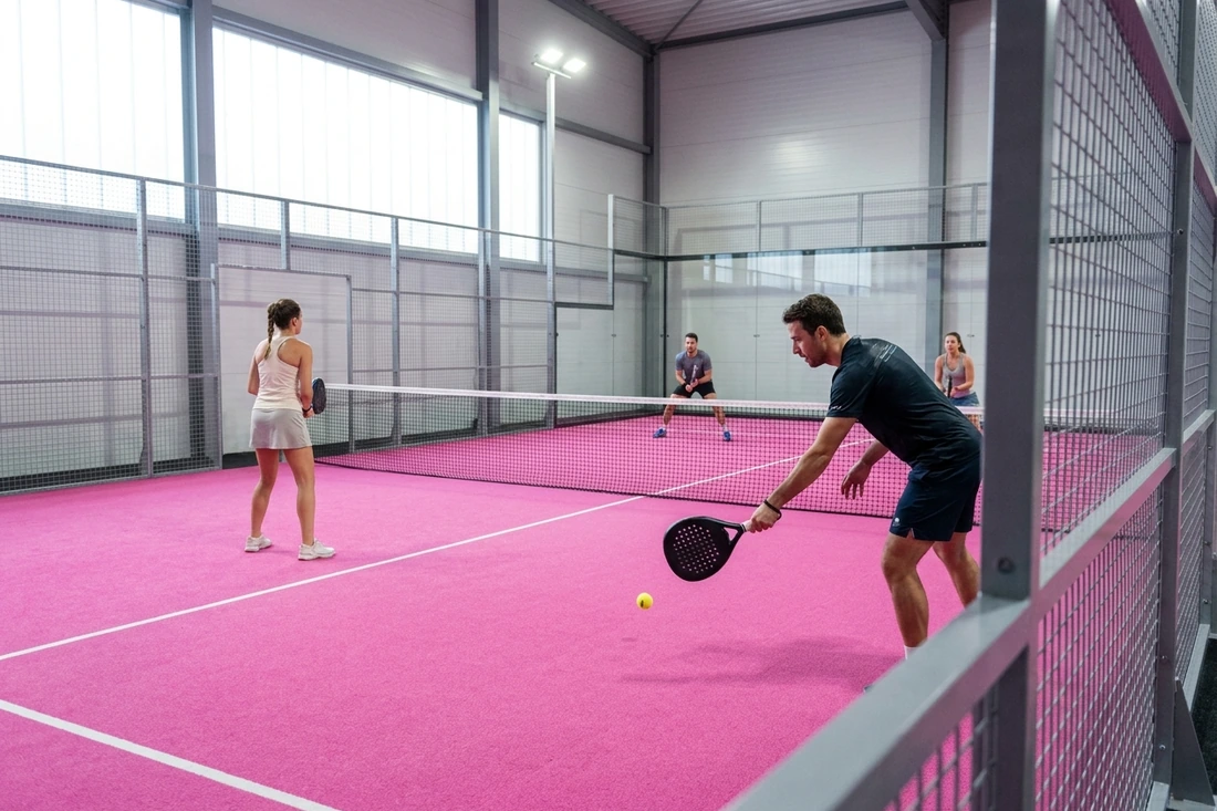 Joueur de padel au service pendant une partie en double sur une piste indoor au sol rose, trouver un partenaire à Angers