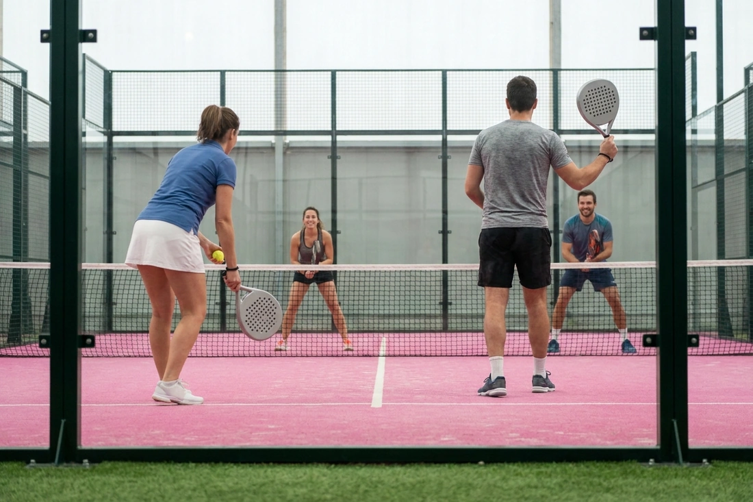 Joueuse de padel débutante prête à servir à la cuillère en double, vue derrière la vitre sur un court à sol rose