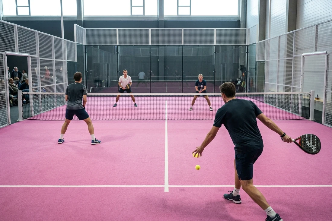 Match de padel en double au tournoi : un joueur sert à la cuillère, raquette en main droite, sur une piste couverte au sol rose