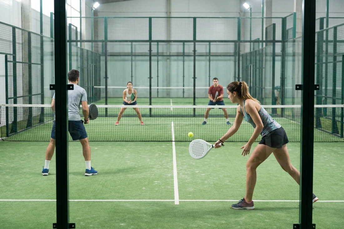 Joueuse au service pendant une partie de padel en double, vue derrière la vitre sur une piste au gazon vert