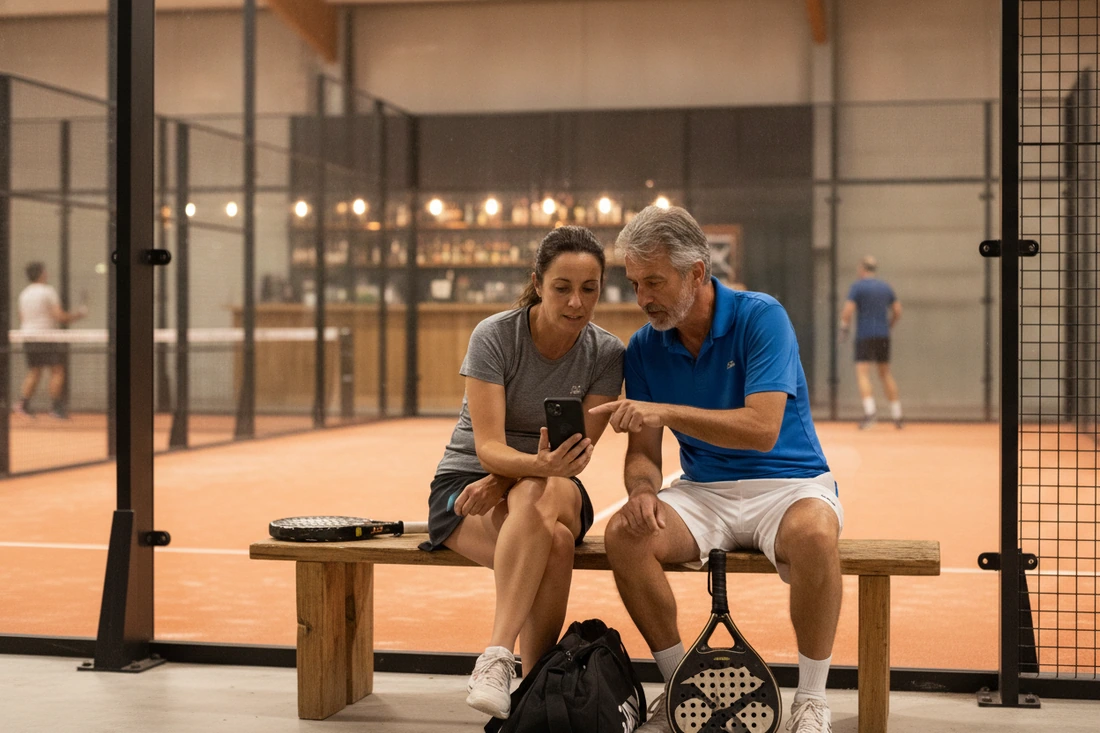 Deux joueurs de padel assis sur le banc consultent une formule d'abonnement sur un téléphone entre deux parties