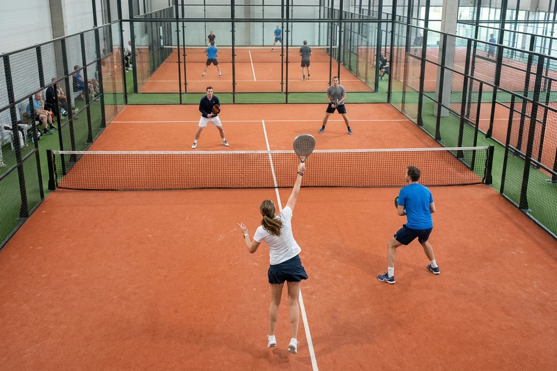 Joueuse frappant une bandeja pendant une partie de padel en double dans un club indoor à sol orange