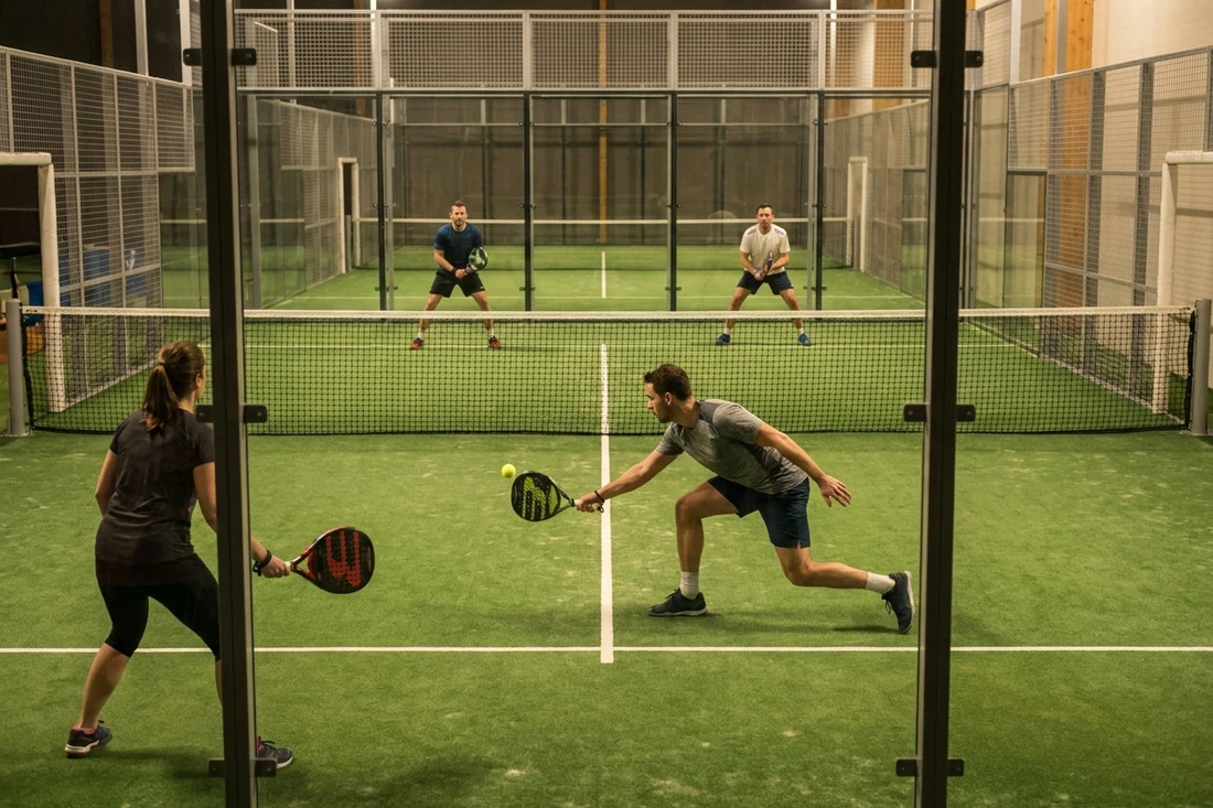 Joueur de padel en fente basse pour une volée pendant une partie en double, vue derrière la vitre sur un court indoor à sol vert