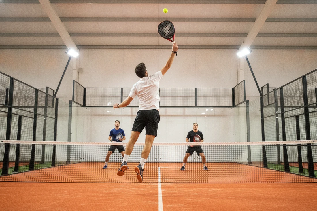 Un joueur de padel saute pour smasher face au filet sur une piste orange, les deux adversaires prêts en face